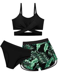 lot 20417 image: Dearnow Girls Swimsuit Size 7-8, Big Kid, Black Tropical Print 3 Piece Bikini Set with Shorts
