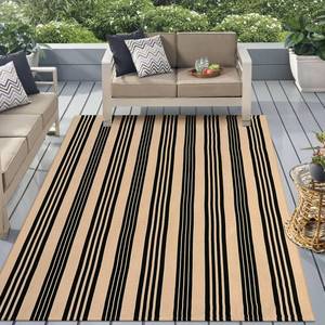 lot 1720 image: Sungea Black and Khaki Striped Rug 5ftx7ft, Washable Outdoor Rugs Cotton Hand Woven Front Porch Rugs, Reversible Patio Rug Foldable Large Throw Rugs for Living Room Home Entrance