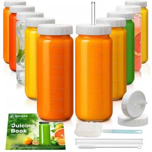 lot 1762 image: Ruckae 16oz 10 Pack Glass Juice Bottles with Dual Scale, Reusable Glass Bottles with Hole Lids and Straws Mason Jar for Juicing, Smoothies, Kombucha - Water Bottle for Fridge or Gym (Transparent)