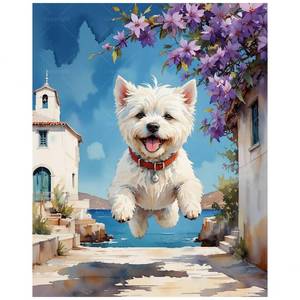 lot 2156 image: Playful Dog Paint by Numbers Kit for Adults - DIY Westie Jumping by Coastal Village Painting on Canvas 16x20In, Acrylic Paint Set, Suitable for Beginners, Art for Home Decoration or Gifts