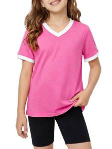lot 2294 image: Poroka Girls Short Sleeve Shirt V-Neck Tee with Ribbed Trim Plain T-Shirts Soft Fashion Summer Tops for Girls, 7-14 Years Hot Pink