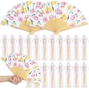 lot 2338 image: Vercraft 25 Sets Lemon and Floral Wedding Favors for Guests Bulk Yellow and Pink Hand Folding Paper Fans with Organza Bags for Bridal Shower Decorations Wedding Bridesmaid Gift