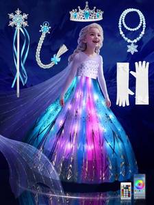lot 3296 image: UPORPOR Princess Costume for Girls, Toddler Princess Dress Up Play Halloween Costume with Accessories, Colorful LED Light Up Dresses - Syncs Music App Control for 3-9 Years Old Girls