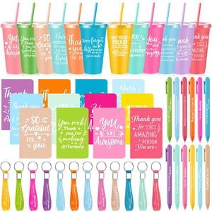 lot 3300 image: Hollowfly 12 Sets  48 Pcs Inspirational Appreciation Gifts Thank You for Coworkers, 24 oz Plastic Cup with Lid Straw Notebooks Ballpoint Pens Keychain Associate Appreciation Gifts (Pastel)