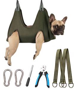 lot 4266 image: Kkiimatt 10 in 1 Dog Pet Grooming Hammock Harness with Nail ClippersTrimmer, Nail File,Dog Nail Hammock, Dog Grooming Sling for Nail TrimmingClipping (MUnder 45lb, Khaki Green)