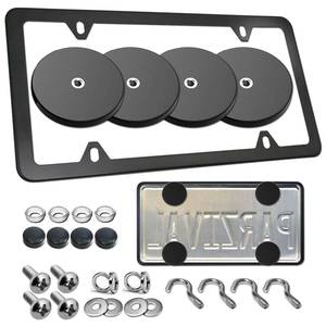 lot 4281 image: RCKJNJ Magnetic License Plate Holder for Metal Car Bumper, 4 Pack Strong Neodymium Magnet Mount with Rubber Coating, with Black Aluminum Frame Screws, for No Drill Dealer Temporary Plate