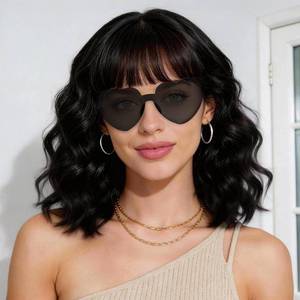 lot 4284 image: rookea Silver Gray Wavy Curly Bob Wig with Bangs Heart Sunglasses for Women, 14 Inch Colored Neon Fun Party Hair Replacement Curly Synthetic Wigs for Cosplay Halloween Costume Party Music Festival