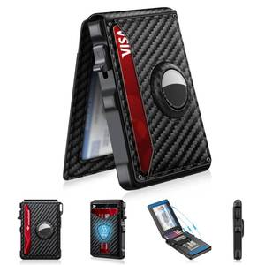 lot 4293 image: Airtag Wallet for Men, Mens Smart Wallet for Air Tag RFID Blocking, Minimalist Bifold Pop Up Aluminum Credit Card Case Holder 12 Cards with ID Window, Gift for Men, No Airtag Included, Carbon Fiber