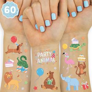 lot 4296 image: xo, Fetti Party Animal Birthday Party Temporary Tattoos - 60 Foil Styles  Safari Birthday Decorations, Wild Rainbow Kids Accessory, Wild One Elephant Theme Favors, Baby Shower Supplies