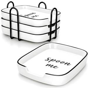 lot 6239 image: 4 Pack White Ceramic Spoon Rest for Stove Top, Durable Spoon Rest Set with Metal Holder, Heat-Resistant Cooking utensils Rest, Large Spoon Rest for Kitchen Counter, Modern Farmhouse Kitchen Dcor
