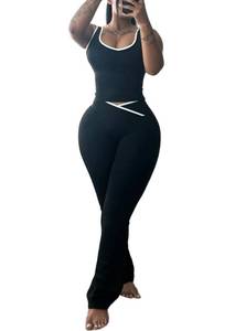 lot 6356 image: HBQ 2 Piece Sets For Women Summer Contrast Binding Backless Crop Tank Top and Flare Pants Lounge Sets Tracksuit-XXL-Black