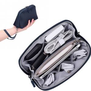 lot 6360 image: FYY Travel Cable Organizer - 8 Compartments Lightweight Water Resistant Tech Pouch with Wrist Strap, Portable Electronic Accessories Case for Cord Charger Storage for Travel Home Office, Navy (Small)