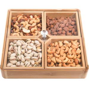 lot 11267 image: WUWEOT Bamboo Nut and Candy Serving Tray, Party Appetizer Platter Veggie Dish, Candy Bowl with Acrylic Lid and Removable Dividers for Party, Taco Dip Parties Platters and Chip Bowls