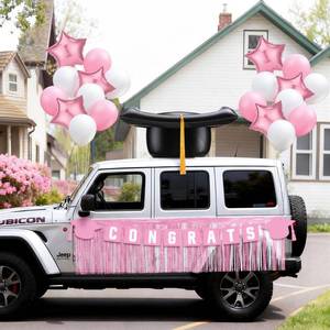lot 11268 image: LaRandom 49 Pack Graduation Car Decoration Kit 24 Inches Large Inflatable Black Gold Graduate Hat with Tassel Pink White Tassel Banner Balloon for Car Graduation Party Decoration Supplies