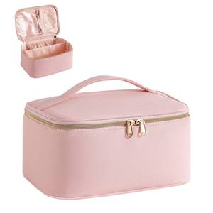 lot 12027 image: JRQCSJY Travel Makeup Organizer Bag for Girls, Waterproof Cosmetic Bags for Women with Brush Holder  Portable Makeup Pouch with Handle and Divider, Skincare Bag with Zipper Teen Women Birthday Gifts