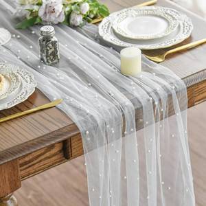 lot 12392 image: Artoid Mode Pearl Gauze Table Runner 120 Inch 10FT, Seasonal Sheer Dining Holiday Wedding Birthday Baby Shower Table Decor for Home Party