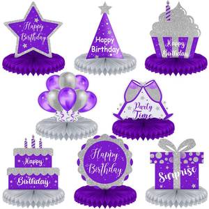 lot 12396 image: Yexiya 8 Pcs Purple and Silver Birthday Centerpiece Table Decoration, Happy Birthday Honeycomb Centerpieces Honeycomb Table Toppers for Men Women Party Supplies