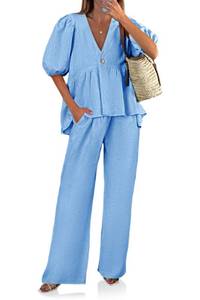 lot 12407 image: Tankaneo Womens 2 Piece Linen Sets Summer Vacation Outfits V Neck Puff Sleeve Babydoll Tops Wide Leg Pants Matching Sets Light Blue (Size S)