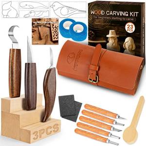 lot 12414 image: Wood Carving Kit, 23pcs Wood Carving Tools with PVC Storage Bag, Wood Whittling Kit with 4pcs Templates and Users Guide for Beginners