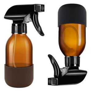 lot 12426 image: Tecohouse 2 Pack 360° Amber Glass Spray Bottles with Silicone Sleeve, 4 oz Empty Refillable Containers with Adjustable Spray Nozzles, Spray Bottles for Cleaning Solutions, Hair, Plants (Black and Brown) (Slightly Used)
