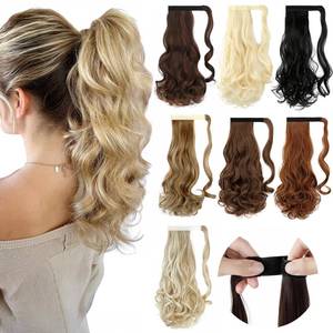 lot 12444 image: FELENDY Ponytail Extension, 18in Wrap Around Long Ponytail Hair Extensions Wavy Curly Clip in Pony Tails Hairpieces For Women (Ash Blonde)
