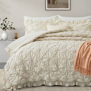 lot 13580 image: BEDAZZLED King Size Comforter Sets, Beige Bedding Comforter Set, 3 Pieces Pinch Pleat Bedding Sets with Comforter and Pillowcases Soft Farmhouse Shabby Chic Comforter for All Season