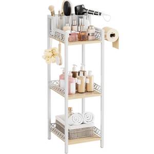 lot 13586 image: FURFUN Slim Bathroom Storage Shelf Unit, 3 Tier Corner Storage, Rustic Makeup Organizer, Space-Saving Floor Standing Storage Shelves for Bathroom, Vanity,Kitchen, Laundry 9.85in Matte White