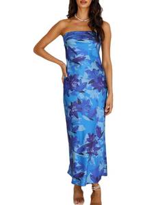 lot 14400 image: Realtix Summer Satin Print Backless Tube Tops Maxi Dress for Women Low Back Hollow Out Elegant Strapless Long Dresses Wedding Guest