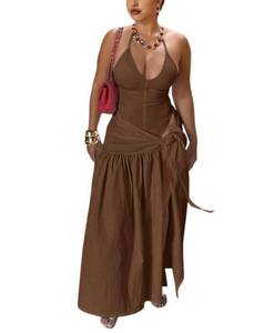 lot 14402 image: Long Skirt Sets Women 2 Piece Outfits Sexy Halter Backless Bodysuit and High Split Beach Wrap Skirt Summer Two Piece Brown