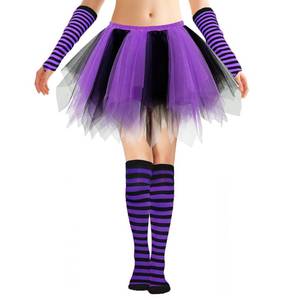 lot 14411 image: Popuid Fluffy Tulle Tutu Skirt Costume, Satin Lined Skirts with Striped Socks for Halloween Run Spirit Week (PurpleBlack, Medium)
