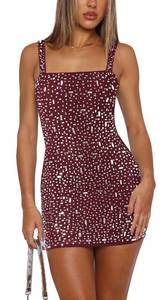 lot 14455 image: Lingt Chic Womenfts Spaghetti Strap Rhinestone Bodycon Mini Dress Sexy Backless Sleeveless Cocktail Party Gown Clubwear Wine