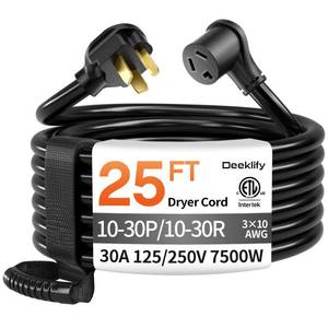 lot 17526 image: Deeklify 25 FT 3 Prong Dryer Extension Cord Outdoor Black, 30 AMP 103 Gauge Heavy Duty, NEMA 10-30P to 10-30R, Waterproof STW Jacket ETL Listed for 3 Prong Dryers