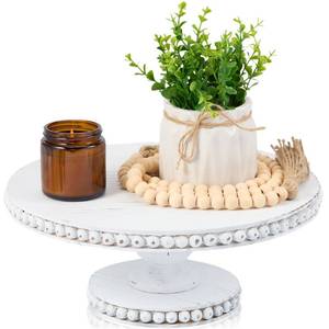 lot 17529 image: THORNIA 12 Inch Round Wood Cake Stand - Handcrafted Vintage Style Pedestal for Wedding, Rustic Centerpiece, Versatile Kitchen and Dining Room Decor - Distressed White