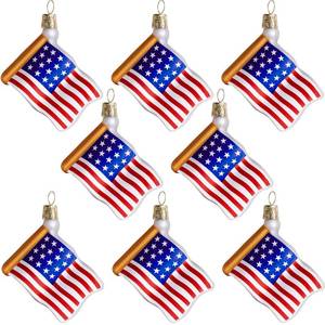 lot 18032 image: Watayo 8 PCS American Flag Glass Ornaments, Patriotic Glass Blown Flag Ornaments, 4th of July USA Flags Hanging Tree Decorations for Independence Memorial Veterans Day Decor