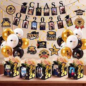 lot 18492 image: Hahafelt 42 Pcs Graduation Black and Gold Decorations, 6 Light up Picture Decorative Boxes 2 Class of 2026 Photo Banner 18 Balloons 10 Hanging Swirls 2026 Grad Party Supplies for High School College