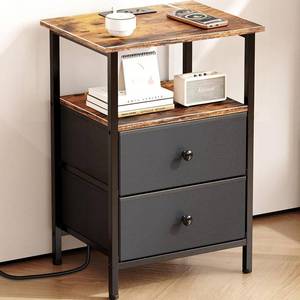 lot 19931 image: Smoproper Nightstand with Charging Station, Bedside End Table with 2 Fabric Drawers for Bedroom, Side Table with USB Ports and Outlets (Brown Black)