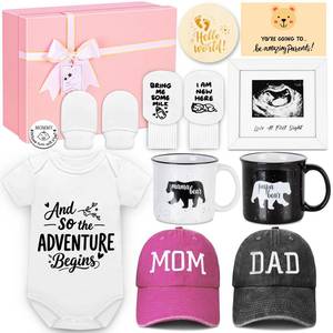 lot 19941 image: New Parents Gifts for Couples, First Time Mom and Dad Baby Gift Basket with Decision Coin, Ultrasound Frame, Caps, Gender Reveal Present, Expecting Parents, Pregnancy Announcement, Congrats
