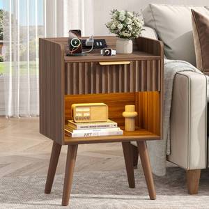 lot 19955 image: Whiurmezz Nightstand, Fluted Night Stand with Charging Station, Small Bedside Table with DrawerandOpen Storage, Solid Wood Legs, End Table for Bedroom, Walnut