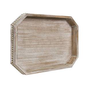 lot 19971 image: MAONAME Wood Serving Tray, Farmhouse Wooden Tray for Coffee Table, Octagonal Beaded Trays, Washed White Decorative Trays for Living Room, Kitchen, 15.7in X 10.2in X 1.6in