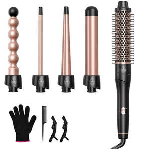 lot 19973 image: 5 in 1 Curling Wand Set  Lopeie Curling Iron with New Upgraded Curling Brush and 4 Interchangeable Ceramic Curling Wand(0.5in-1.25in)  Fast Heating  Include Heat Protective Glove andam