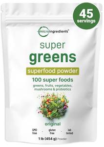 lot 20005 image: Micro Ingredients Super Greens Powder, 1lb  100 Superfood Blend with Daily Greens, Probiotics, Fruits, Vegetables and Mushrooms  Source of Vegan Protein and Enzymes  Non-GMO, Gluten-Free, No Additives