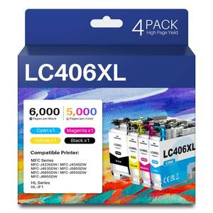 lot 20019 image: LC406XL LC406 Ink Cartridge for Brother Printer Replacement for Brother LC406XL LC-406 for Brother MFC-J4335DW MFC-J5855DW MFC-J6555DW MFC-J4535DW MFC-J6955DW MFC-J4345D XL Printer (4 Pack, BCMY)