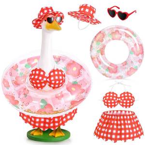 lot 20027 image: JcHrmers Bikini Goose Outfits Summer Goose Clothes with Swimsuit Floatie Hat Sunglasses Fits 23ftft Geese Statue for Outdoor Decor (Red Plaid)