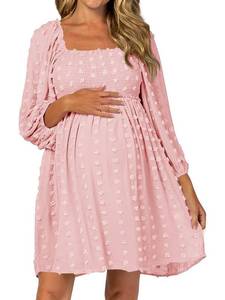 lot 20030 image: Ofenbuy Womenfts Long Sleeve Maternity Dress Square Neck Swiss Dot Casual Loose Short Dresses Light Pink Large