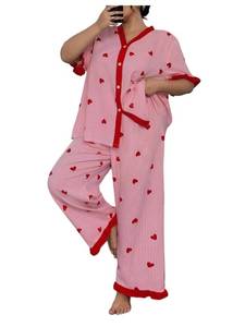 lot 20035 image: MakeMeChic Womenfts Plus Size 2 Piece Pajama Set Summer Heart Print Striped Half Sleeve Shirt and Pants PJ Set Multicolor X-Large Plus