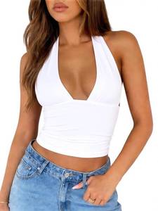 lot 20036 image: ForeFair Womenfts Sexy Halter Neck Backless Tank Top Deep V Neck Sleeveless Open Back Y2K Slim Fit Summer Crop Tops(XS,White)