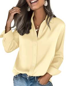 lot 20041 image: EverVoguant Womens Dressy Business Casual Blouse Long Sleeve Tops Satin Silk Work Shirt Outfits Beige V Neck Top Silky Button Down Up Blouses for Women Oversized Collared Shirts Apricot Cream L
