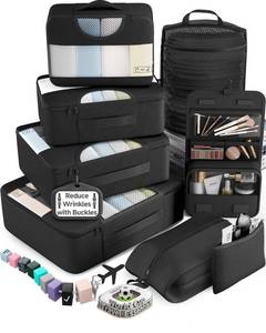 lot 20052 image: Veken 10 Set8 Set Packing Cubes for Travel Essentials,Anti-Wrinkle Buckled Suitcase Organizer for Shoe and Toiletry Bag,Carry On Luggage Bag for Airplane and College Dorm Room Accessories,Women Men Gifts