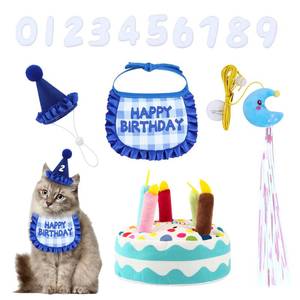 lot 20055 image: Cat Birthday Outfit Set, Birthday Bandana and Hat with 0-9 Numbers, Plush Birthday Cake and Funny Hanging Cat Toy with Catnip, Sweet Birthday Gift for Celebration (Blue)