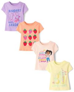 lot 20074 image: The Childrenfts Place,Baby Girls,and Toddler Unicorns,Butterflies,Trends Short Sleeve Graphic T-Shirts,4 Pack,LemonadeReadersWordsStrawberries,Size 3 Years (3 Only)
